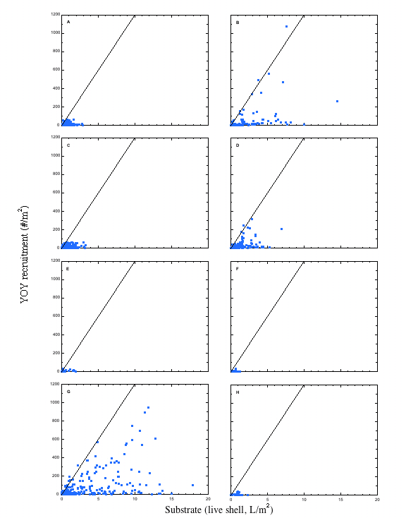 Total live shell substrate (L/m2) versus YOY recruitment (#/m2) for each of the defined regions (A) Pocomoke and Tangier Sounds, (B) Great Wicomico River, (C) Rappahannock River, (D) Piankatank River, (E) Mobjack Bay, (F) York River, (G) James River, and (H) Elizabeth and Lafayette Rivers. 